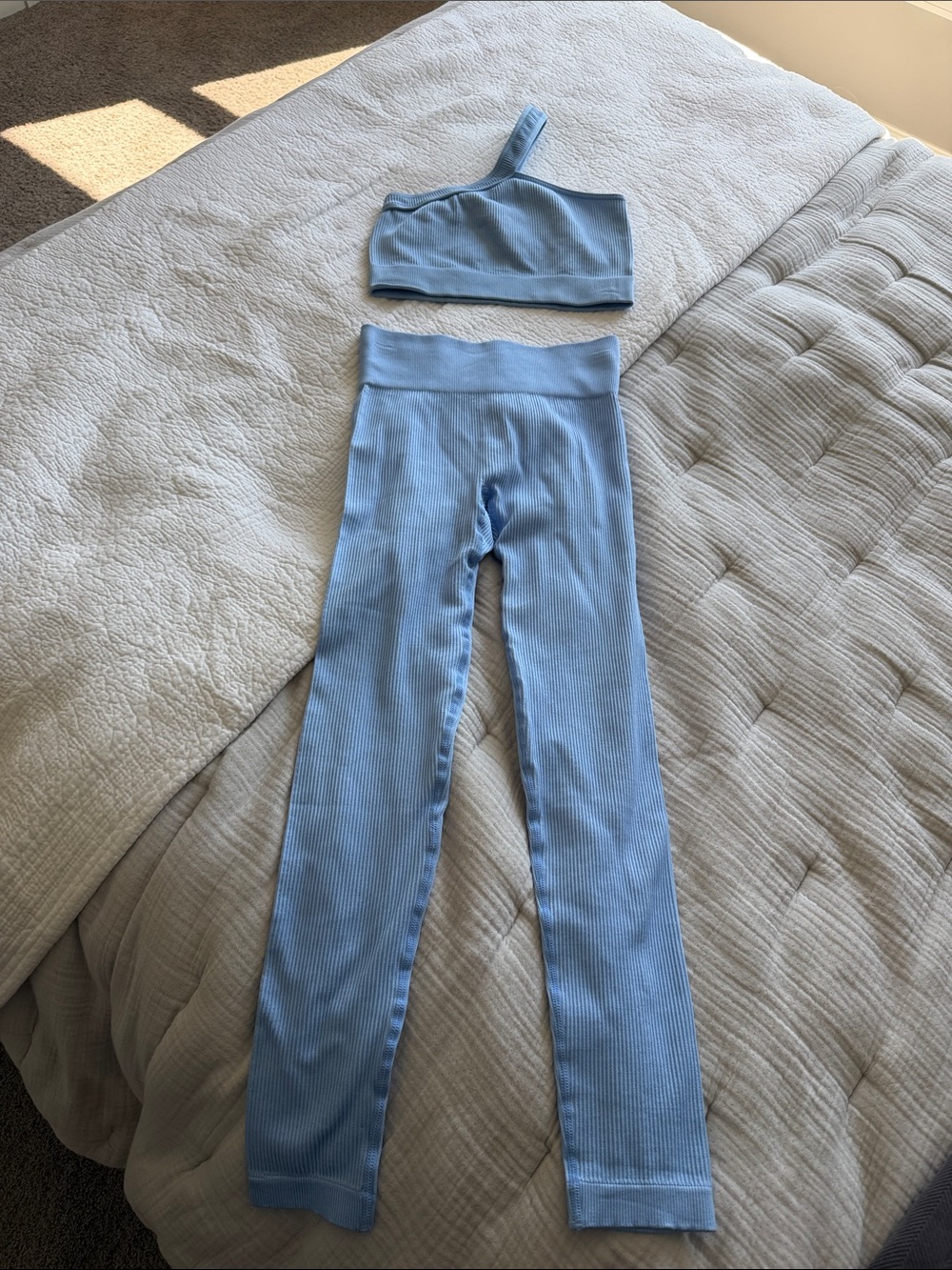 Ribbed High-Waist Leggings in Light Blue with matching one shoulder bra top - S